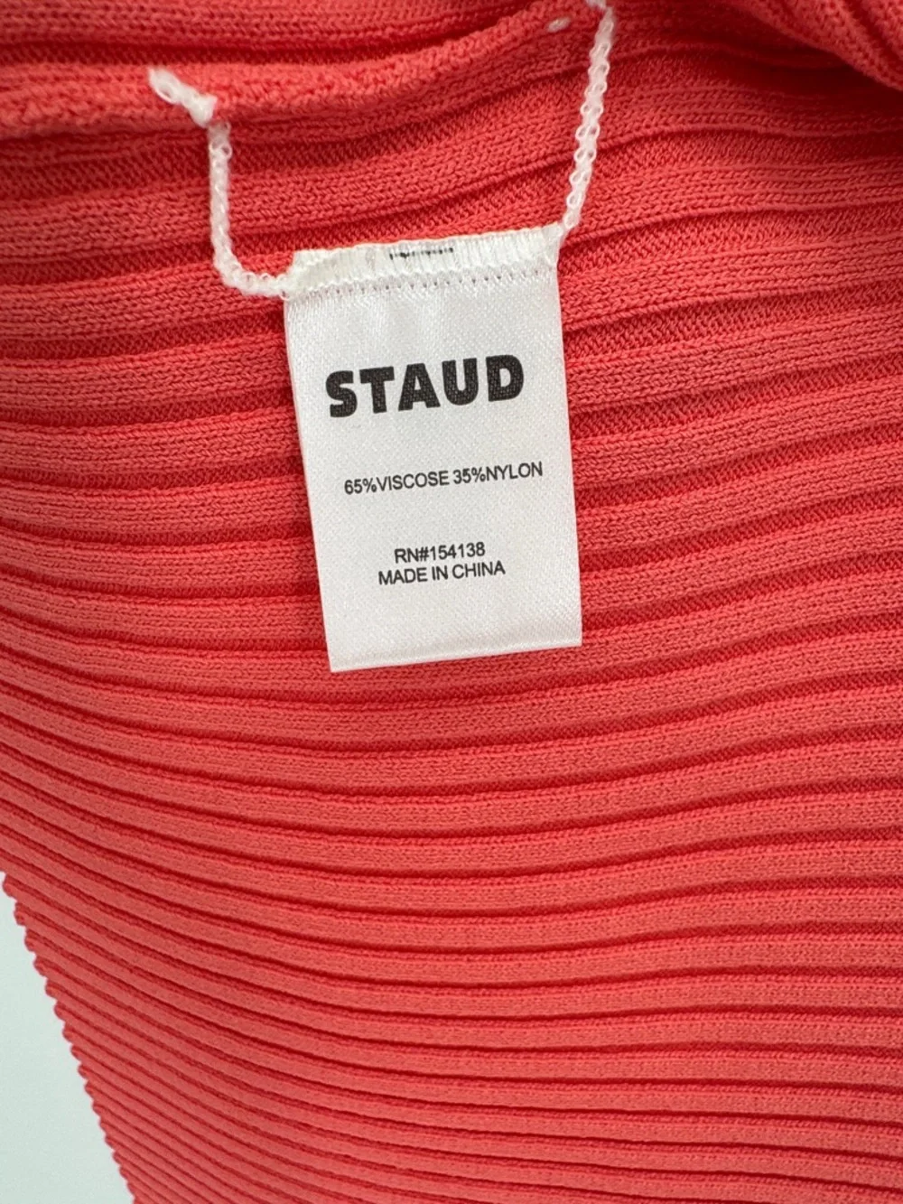 STAUD Two-Tone Ribbed Button-Front Long Sleeve Coral Pink Medium MIDI Dress - Picture 4 of 5